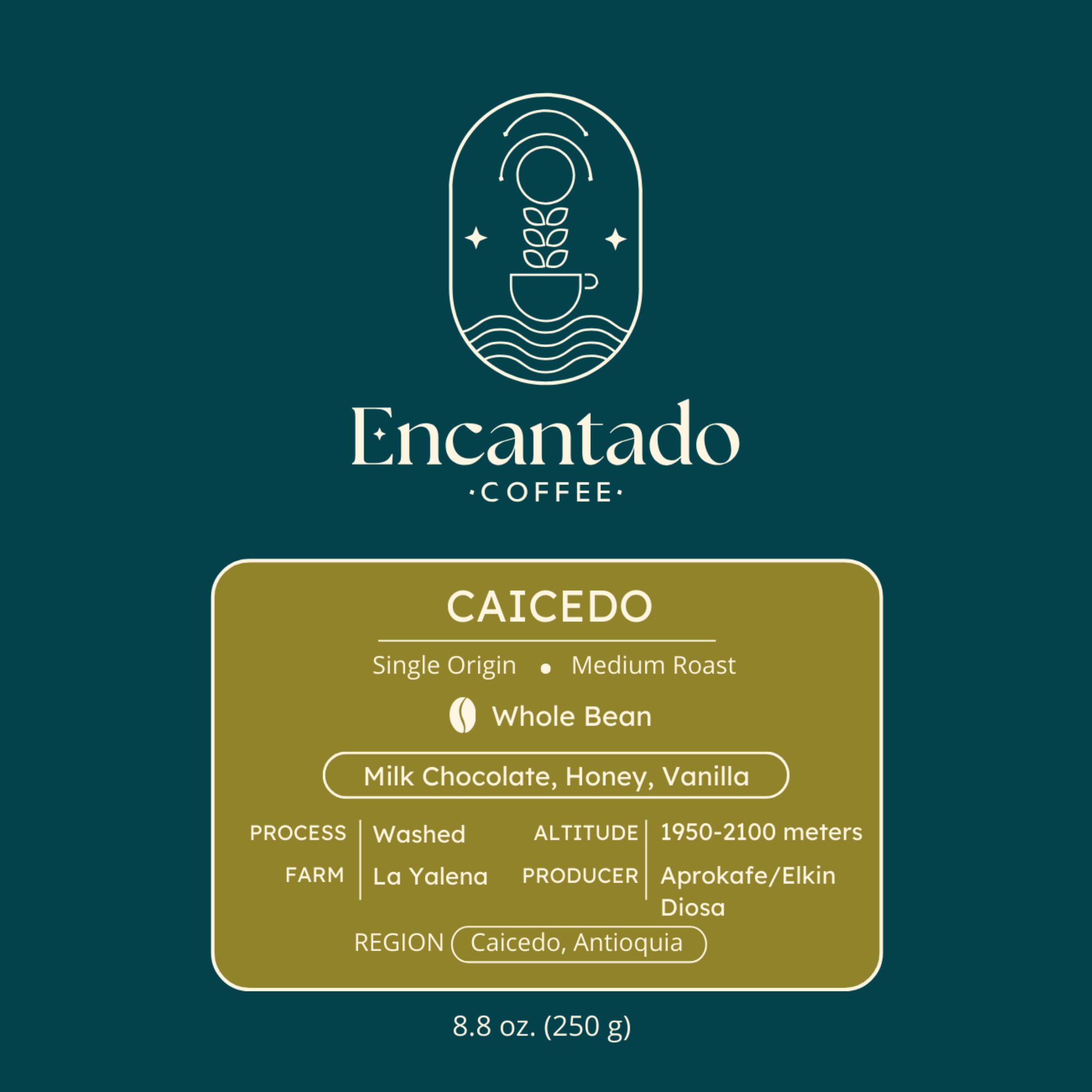 Caicedo Coffee's green and blue label for whole bean coffee.