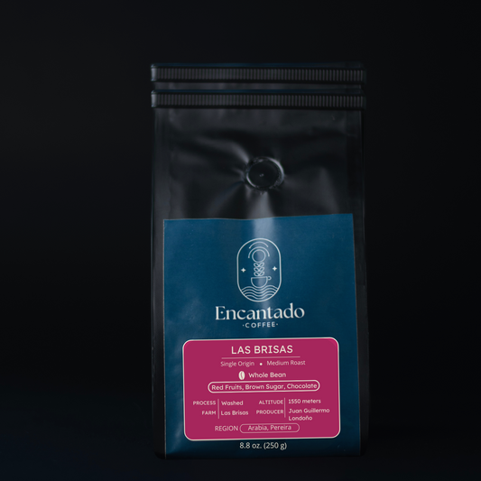 Las Brisas Coffee bag with fuchsia and blue label and black background.