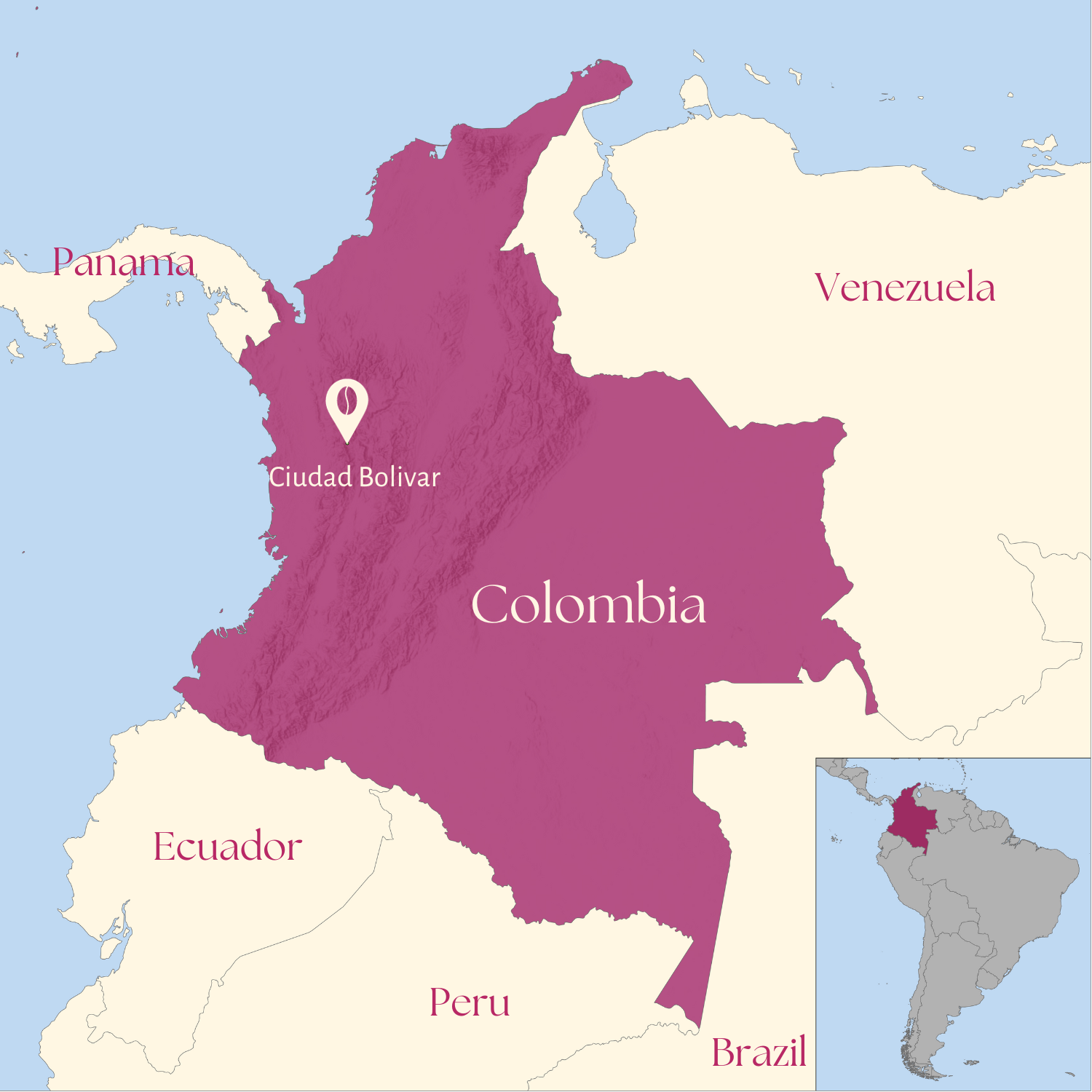 Map of Colombia highlighting Ciudad Bolivar with South America Inset